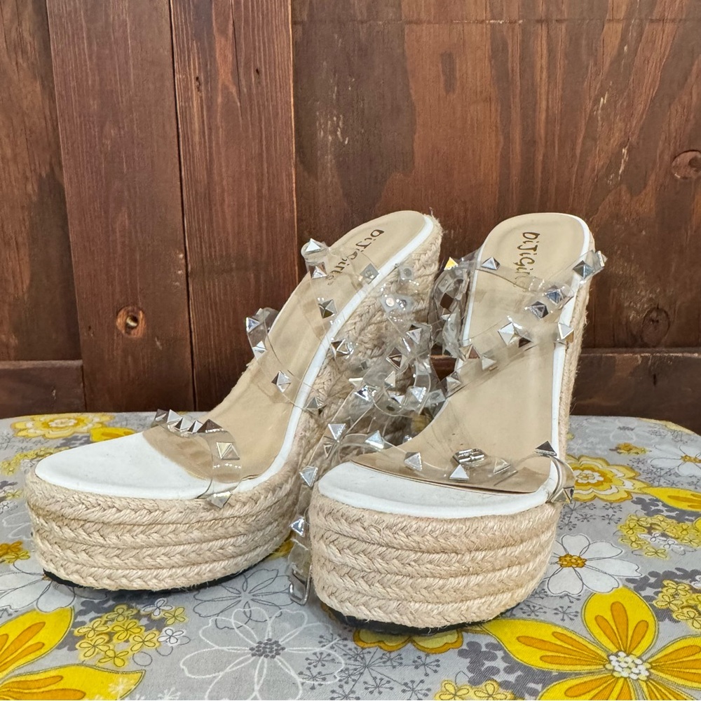Studded Clear Strap Espadrille Wedge Sandals - Beige/Clear